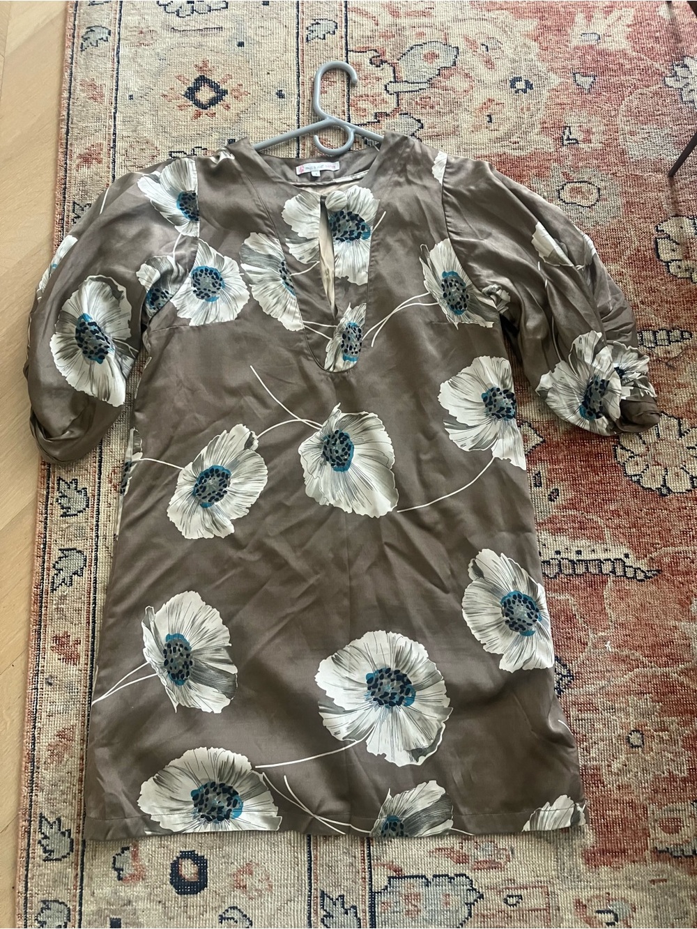 Vintage Paul and Joe Sister Floral Shift Dress with White & Teal Blooms-Mint